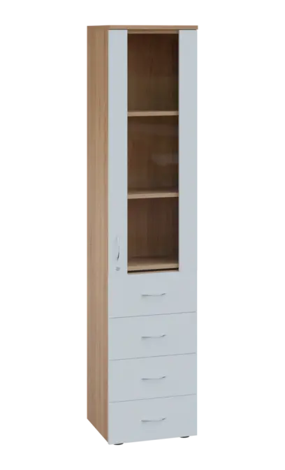 LE - 44 skříň léková prosklená, pravá, korpus dub bardolino, dvířka bílá